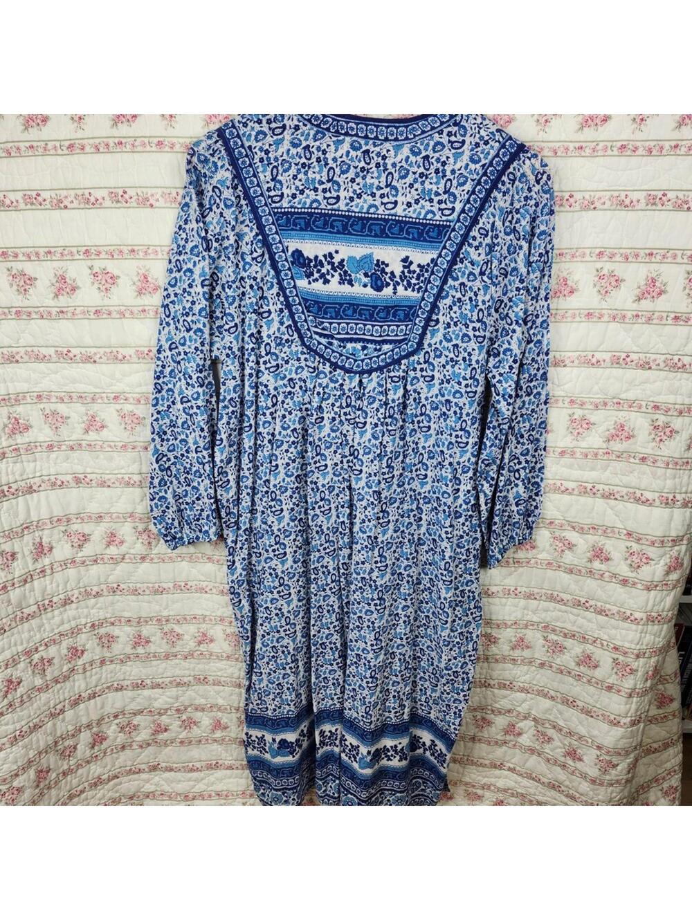 Boho Dress Blue White Floral Paisley Print 3/4 Sleeve Midi Dress - Picture 5 of 7